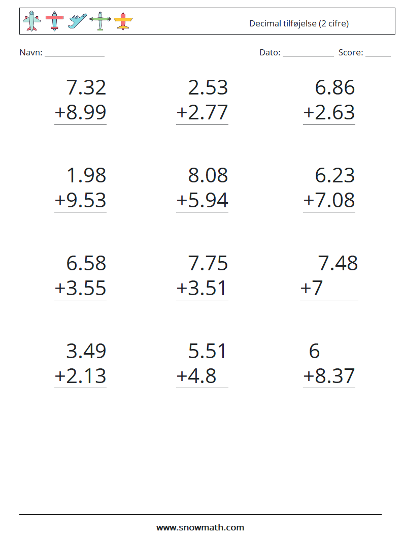 (12) Decimal tilføjelse (2 cifre) Matematiske regneark 14