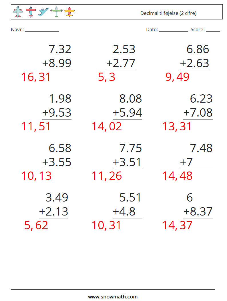 (12) Decimal tilføjelse (2 cifre) Matematiske regneark 14 Spørgsmål, svar