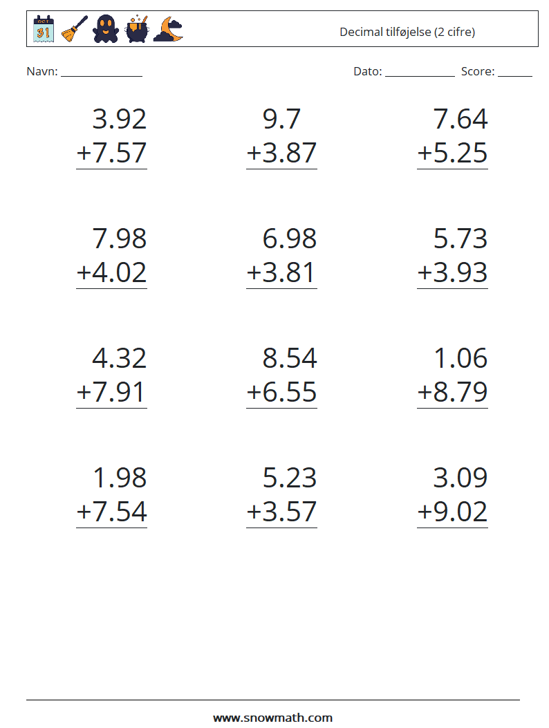 (12) Decimal tilføjelse (2 cifre) Matematiske regneark 15