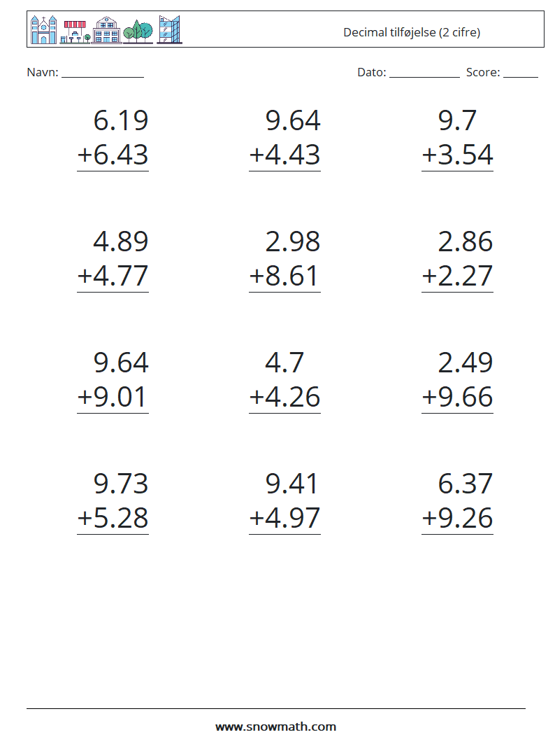 (12) Decimal tilføjelse (2 cifre) Matematiske regneark 16