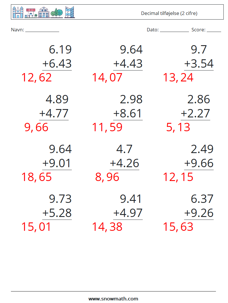 (12) Decimal tilføjelse (2 cifre) Matematiske regneark 16 Spørgsmål, svar