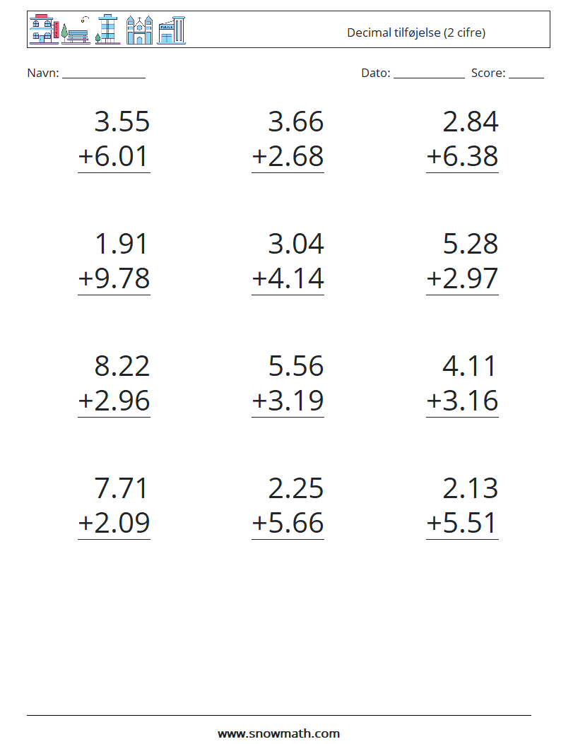 (12) Decimal tilføjelse (2 cifre) Matematiske regneark 17