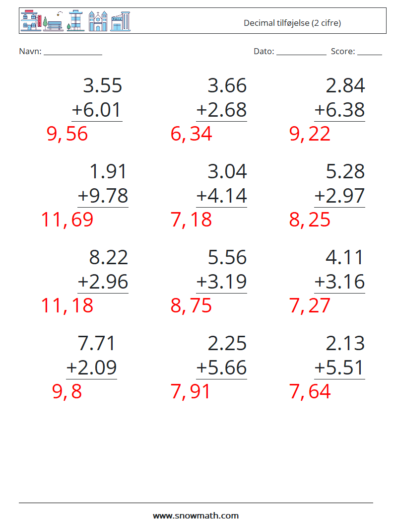 (12) Decimal tilføjelse (2 cifre) Matematiske regneark 17 Spørgsmål, svar