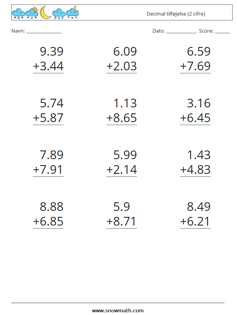 (12) Decimal tilføjelse (2 cifre) Matematiske regneark 18