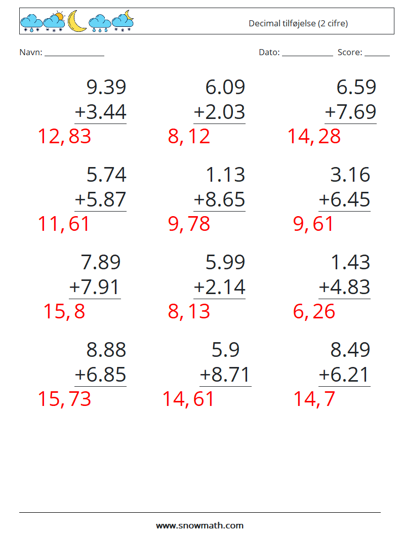 (12) Decimal tilføjelse (2 cifre) Matematiske regneark 18 Spørgsmål, svar