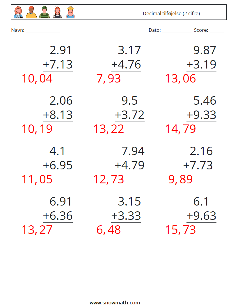 (12) Decimal tilføjelse (2 cifre) Matematiske regneark 1 Spørgsmål, svar