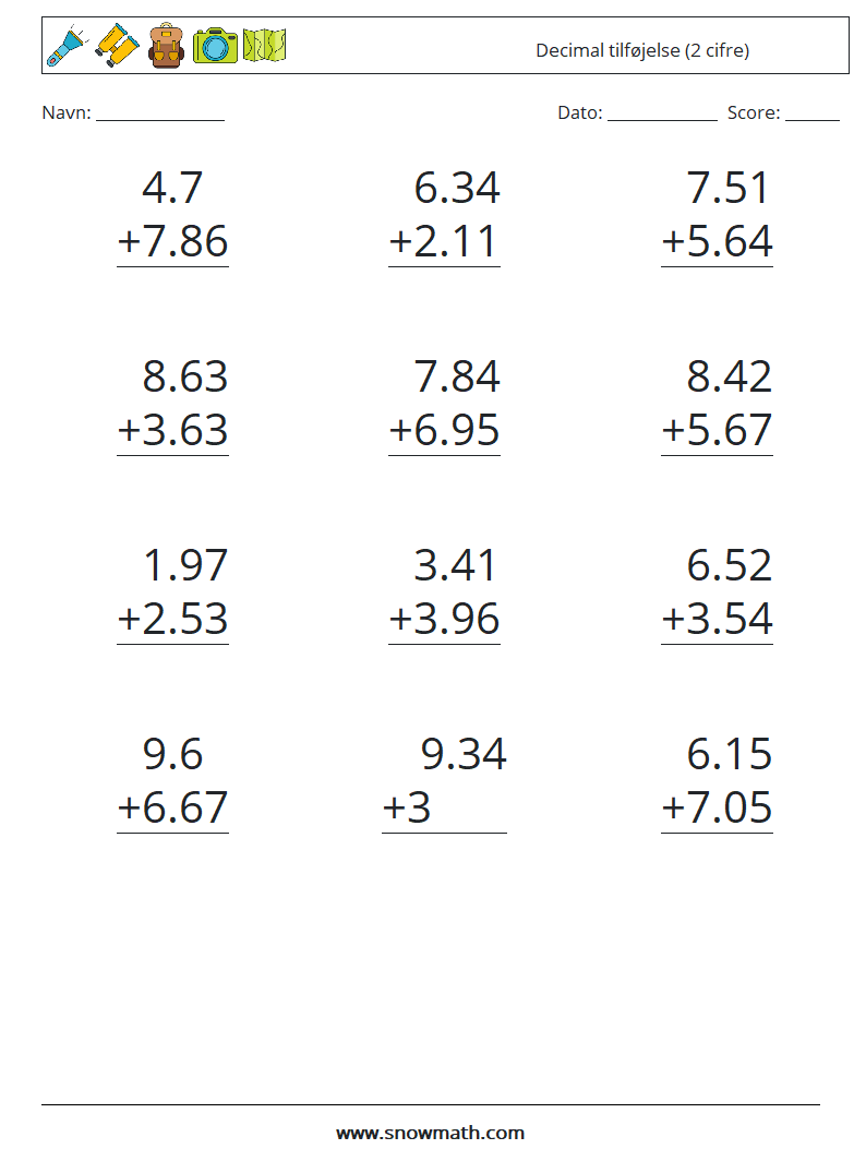 (12) Decimal tilføjelse (2 cifre) Matematiske regneark 2