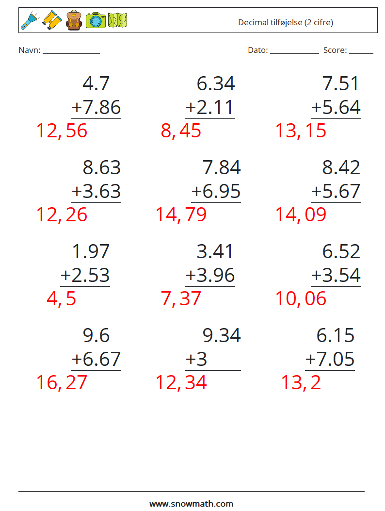 (12) Decimal tilføjelse (2 cifre) Matematiske regneark 2 Spørgsmål, svar