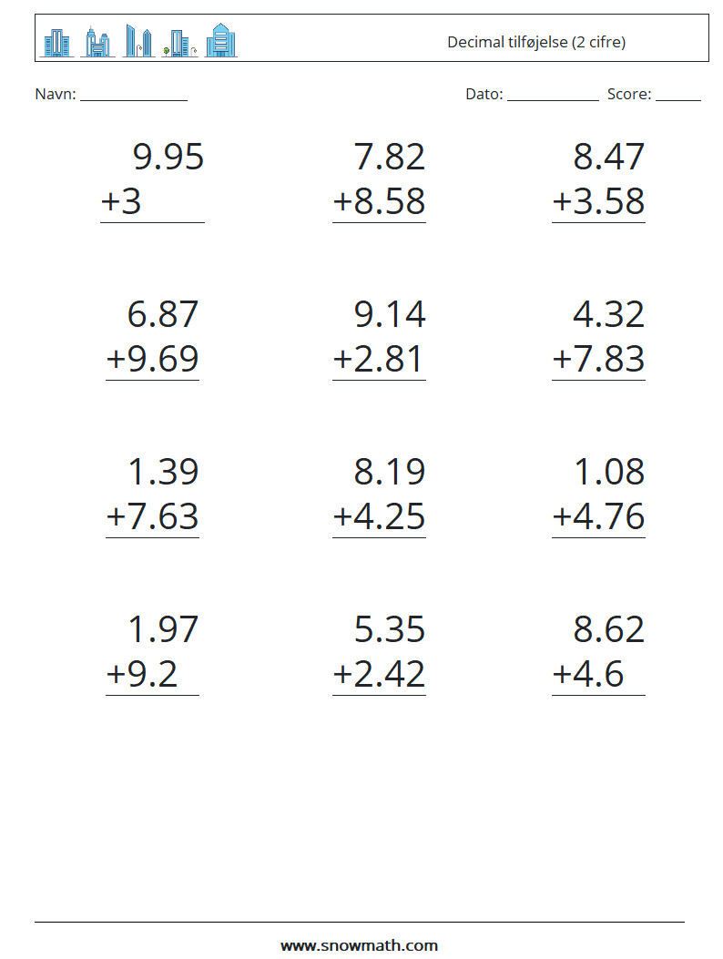 (12) Decimal tilføjelse (2 cifre) Matematiske regneark 3