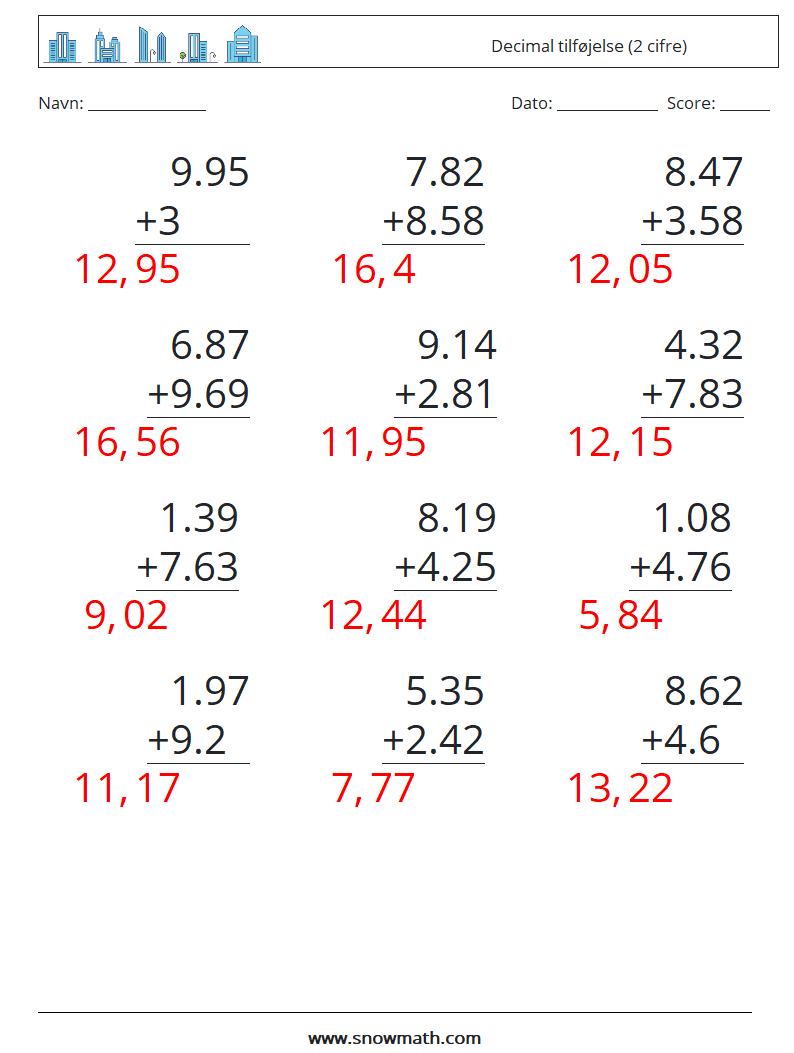 (12) Decimal tilføjelse (2 cifre) Matematiske regneark 3 Spørgsmål, svar