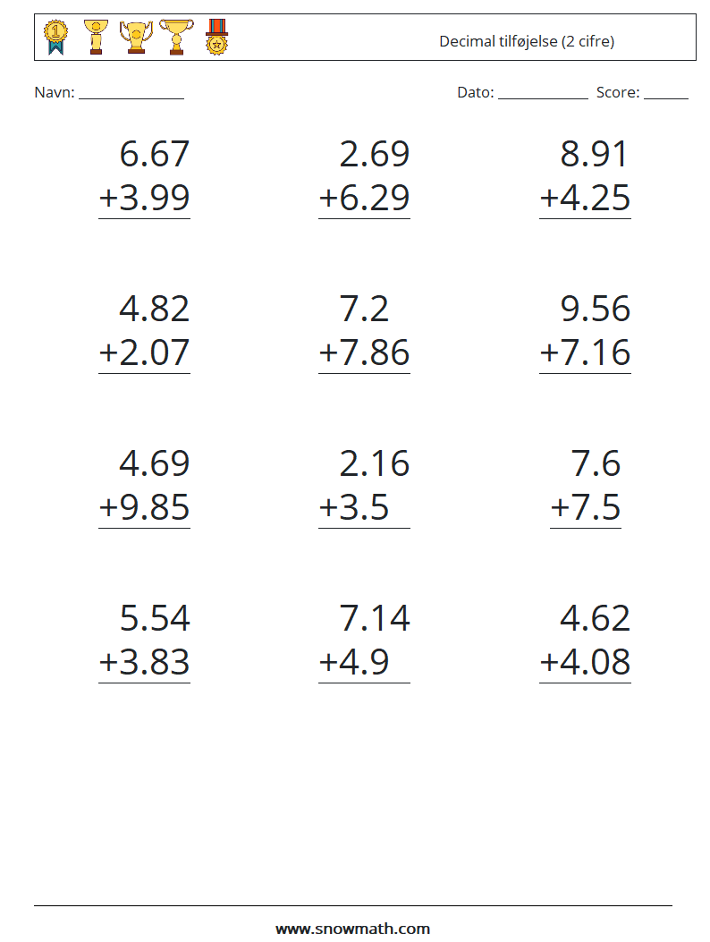 (12) Decimal tilføjelse (2 cifre) Matematiske regneark 4