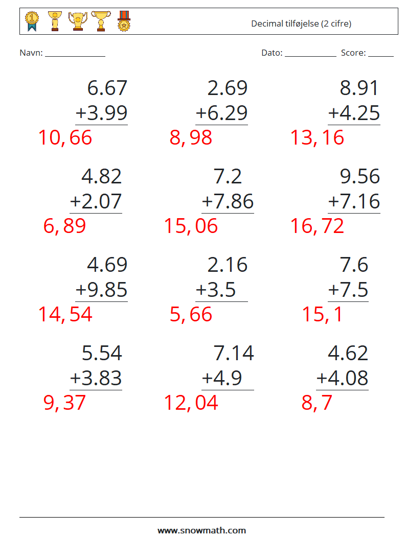 (12) Decimal tilføjelse (2 cifre) Matematiske regneark 4 Spørgsmål, svar