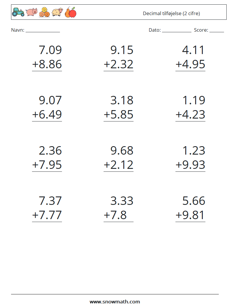 (12) Decimal tilføjelse (2 cifre) Matematiske regneark 5