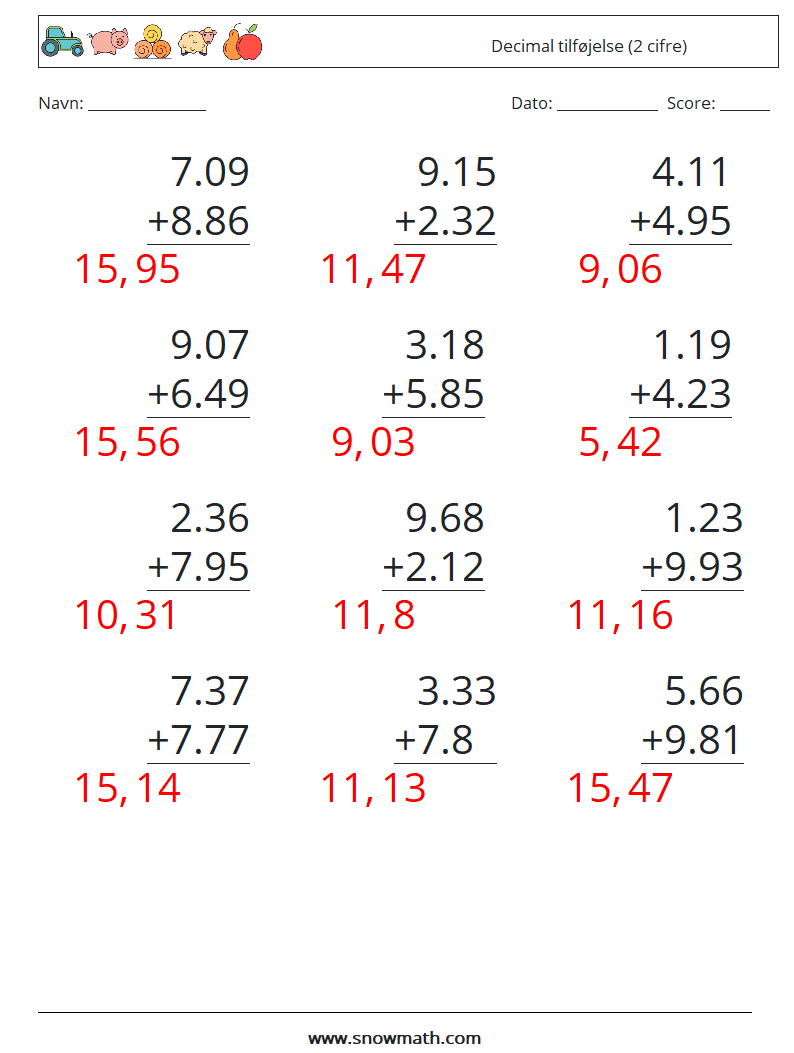 (12) Decimal tilføjelse (2 cifre) Matematiske regneark 5 Spørgsmål, svar