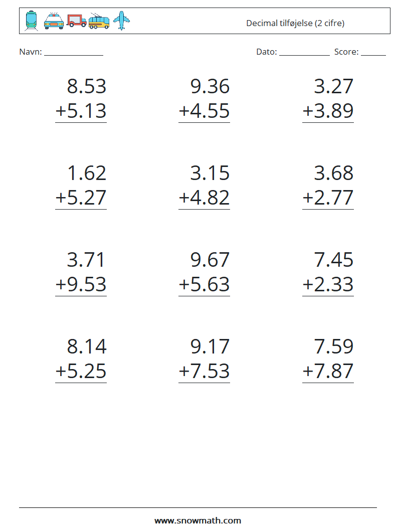 (12) Decimal tilføjelse (2 cifre) Matematiske regneark 6