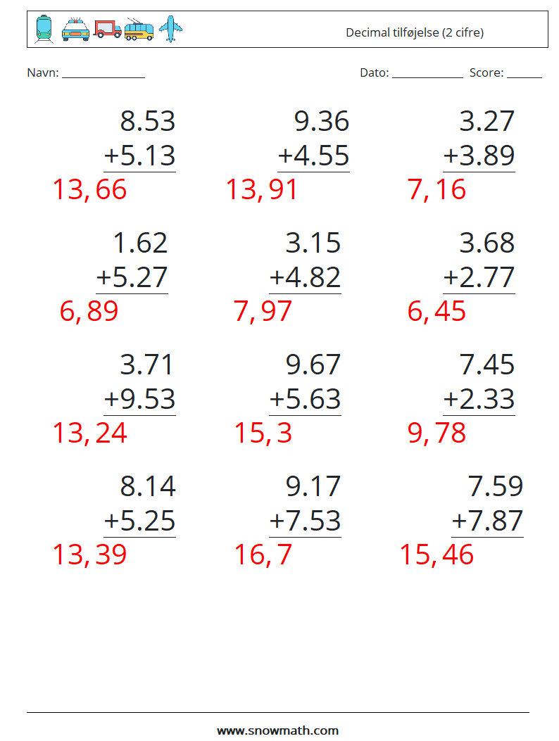 (12) Decimal tilføjelse (2 cifre) Matematiske regneark 6 Spørgsmål, svar