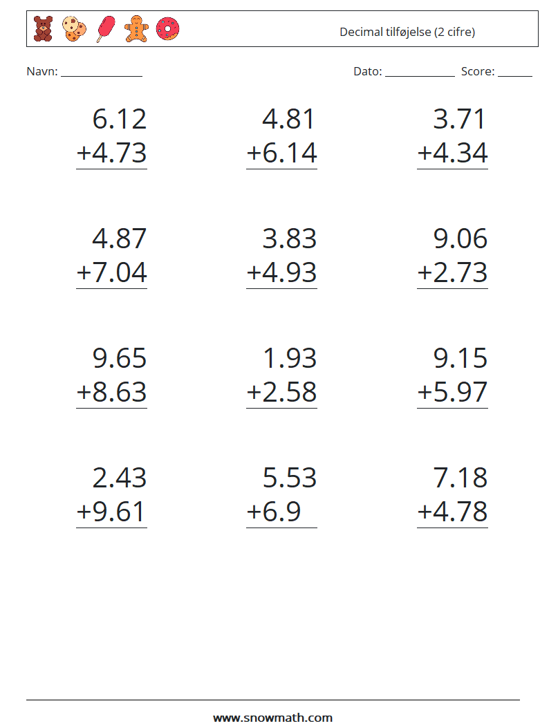 (12) Decimal tilføjelse (2 cifre) Matematiske regneark 7