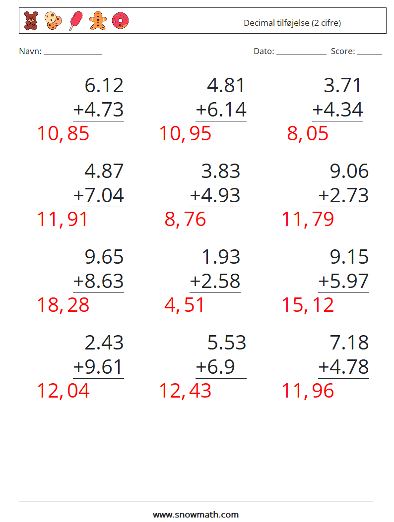 (12) Decimal tilføjelse (2 cifre) Matematiske regneark 7 Spørgsmål, svar