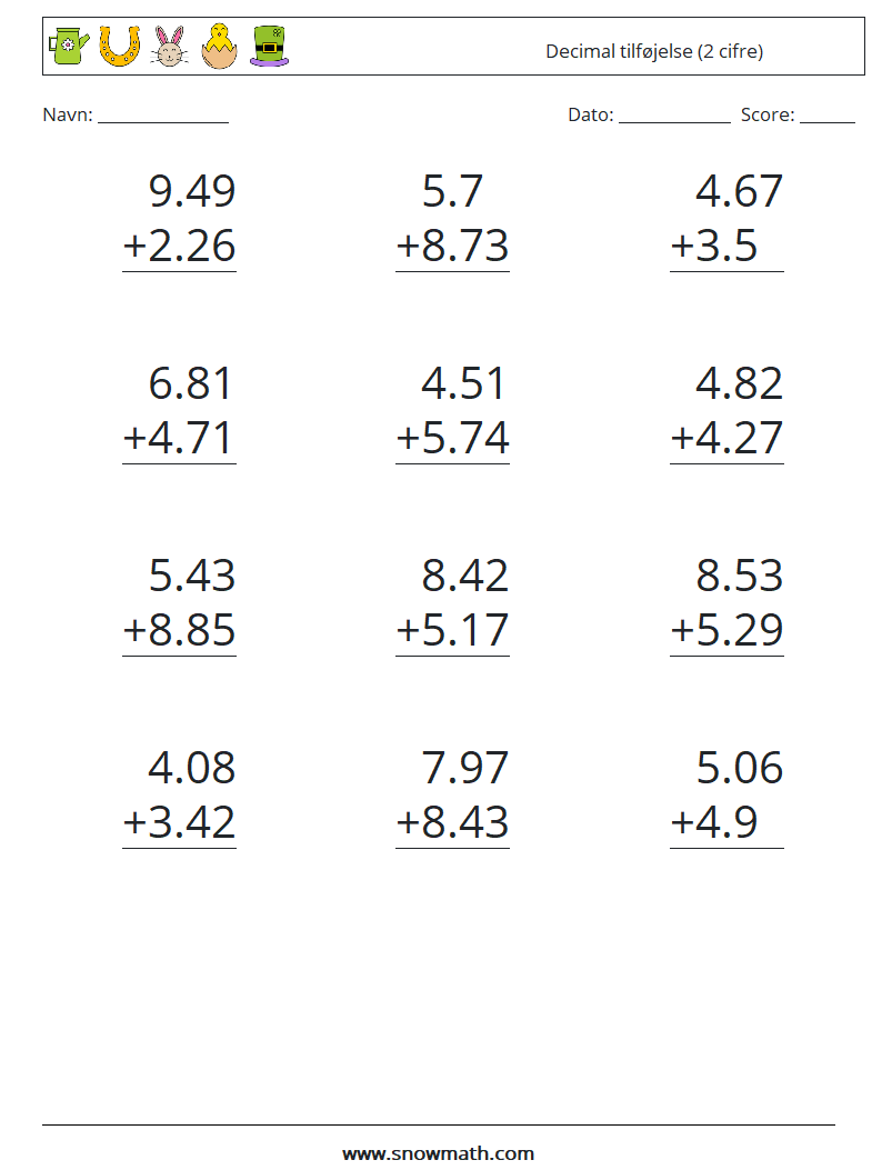 (12) Decimal tilføjelse (2 cifre) Matematiske regneark 8