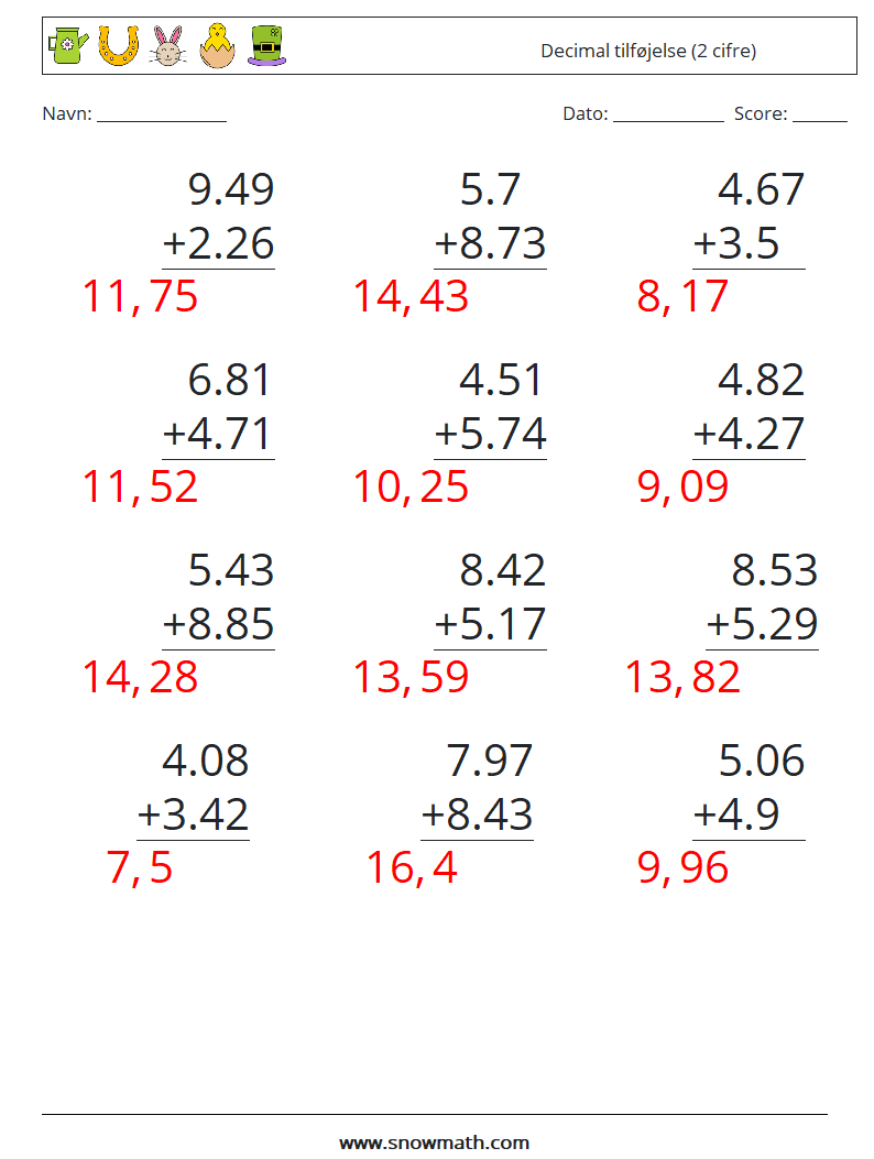 (12) Decimal tilføjelse (2 cifre) Matematiske regneark 8 Spørgsmål, svar