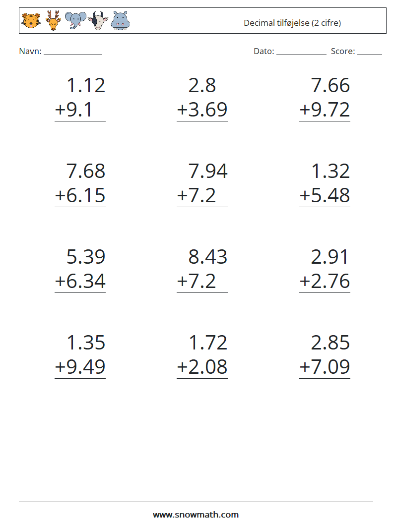 (12) Decimal tilføjelse (2 cifre) Matematiske regneark 9