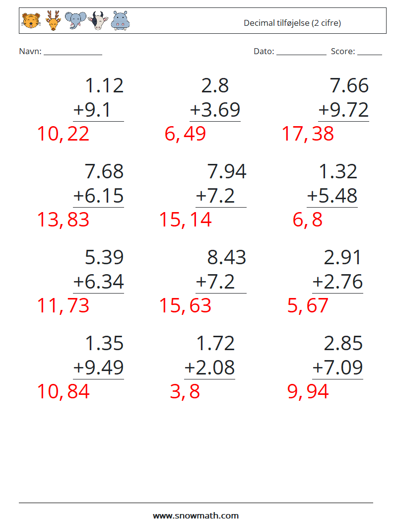 (12) Decimal tilføjelse (2 cifre) Matematiske regneark 9 Spørgsmål, svar