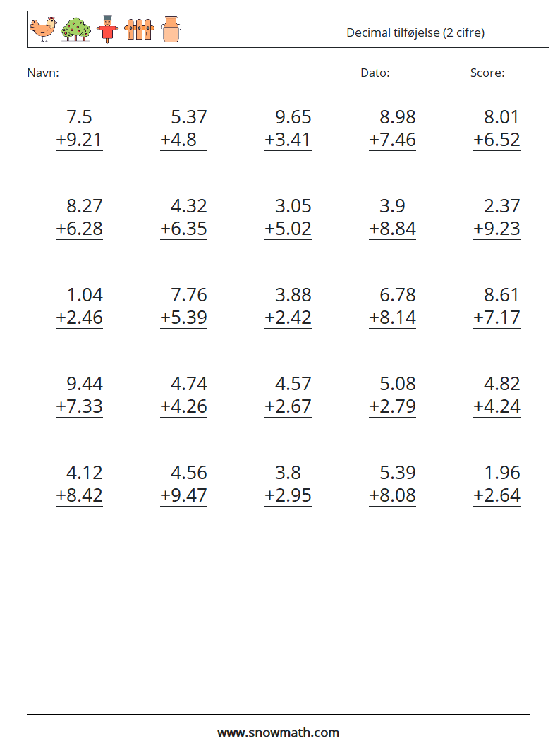 (25) Decimal tilføjelse (2 cifre) Matematiske regneark 1