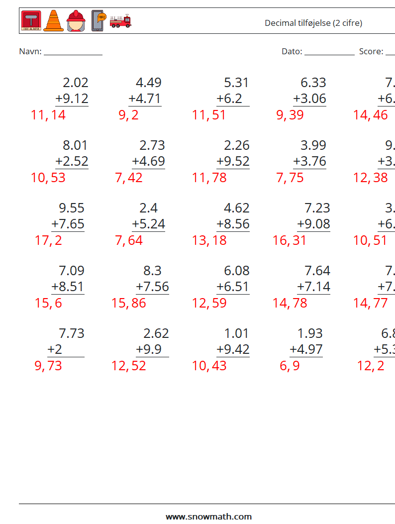 (25) Decimal tilføjelse (2 cifre) Matematiske regneark 10 Spørgsmål, svar