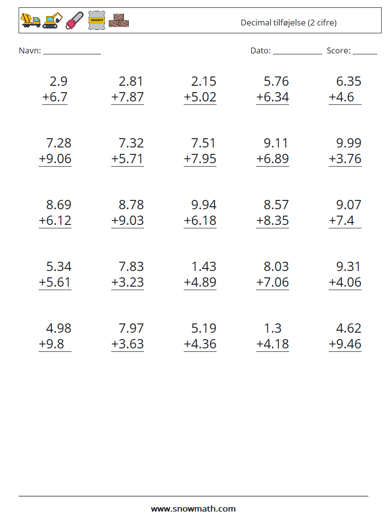 (25) Decimal tilføjelse (2 cifre) Matematiske regneark 11