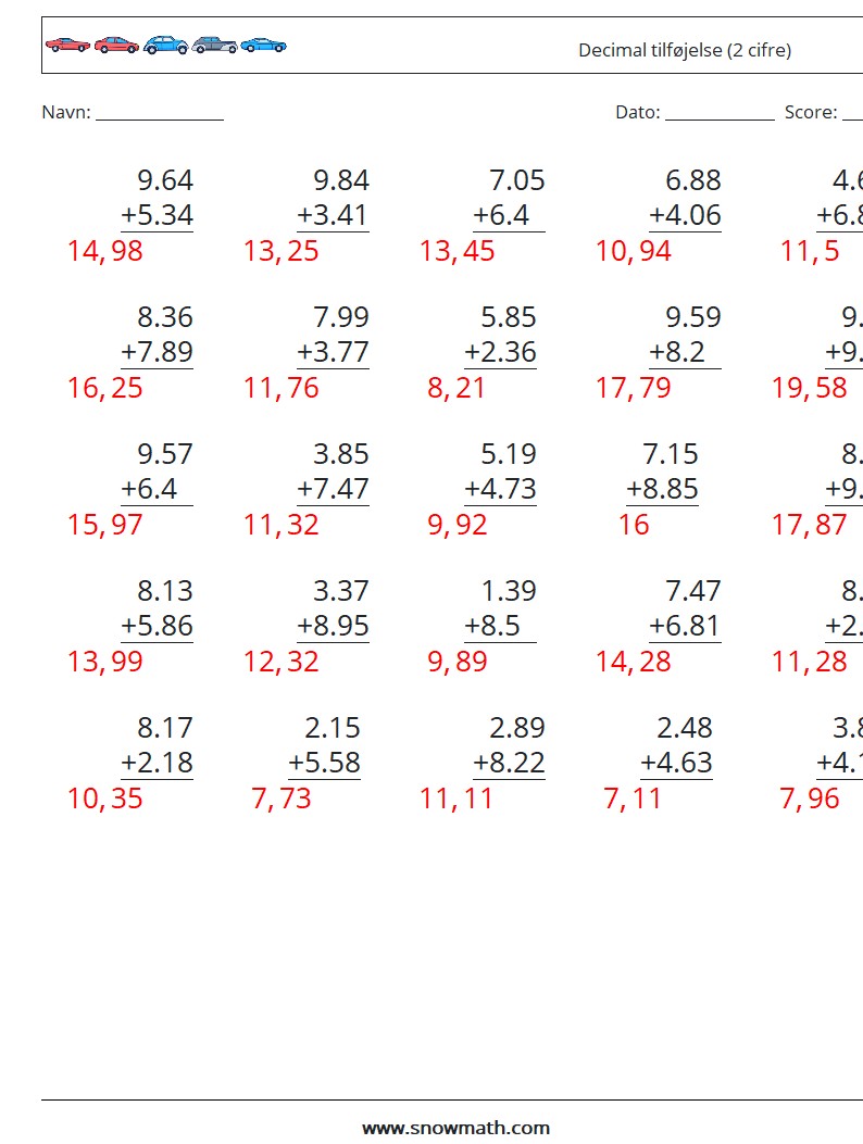 (25) Decimal tilføjelse (2 cifre) Matematiske regneark 12 Spørgsmål, svar