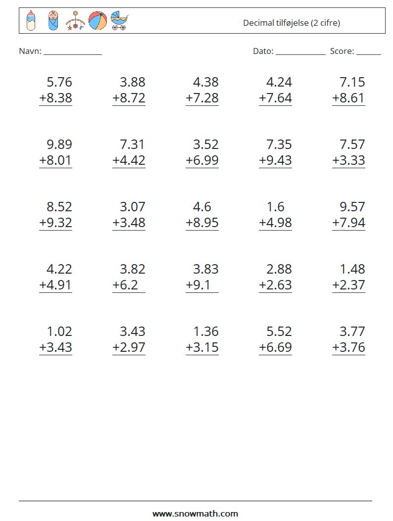 (25) Decimal tilføjelse (2 cifre) Matematiske regneark 13