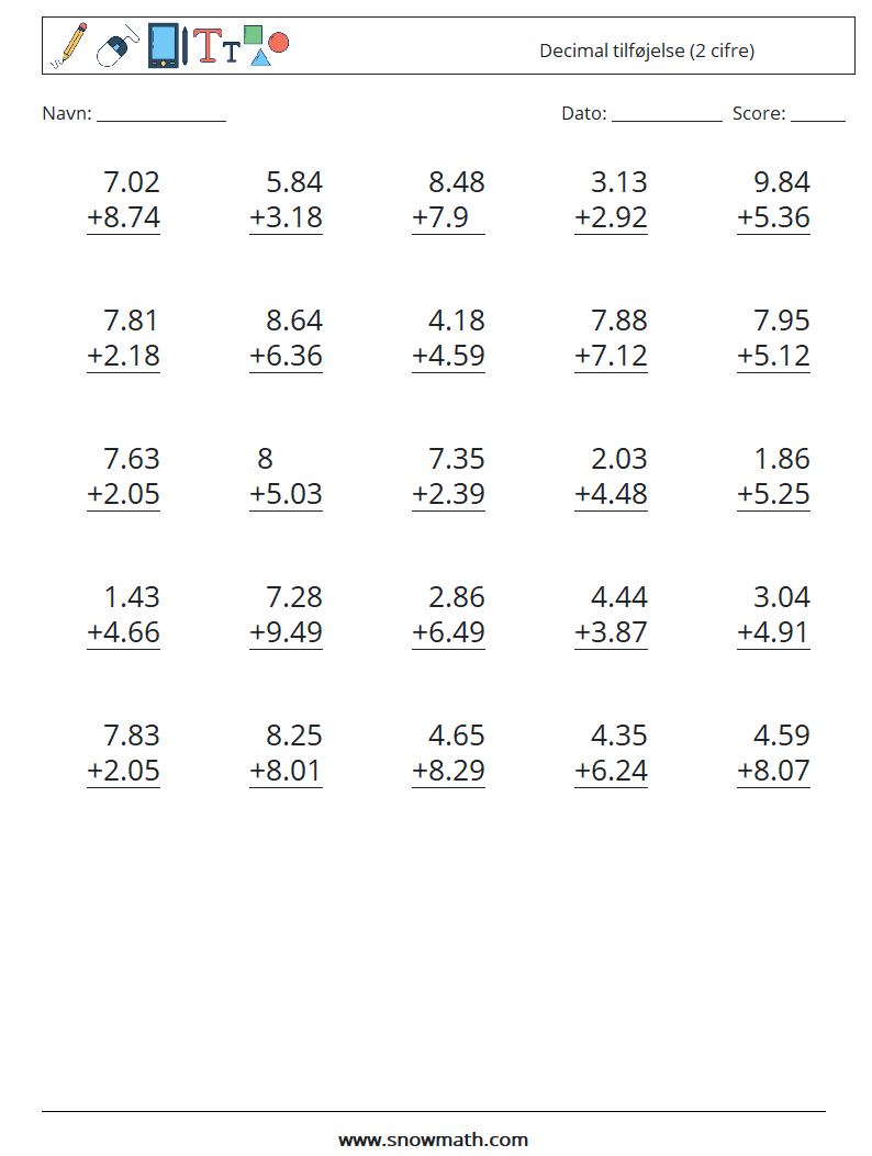 (25) Decimal tilføjelse (2 cifre) Matematiske regneark 14