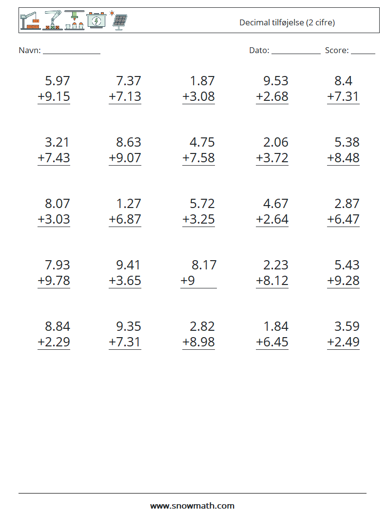 (25) Decimal tilføjelse (2 cifre) Matematiske regneark 15