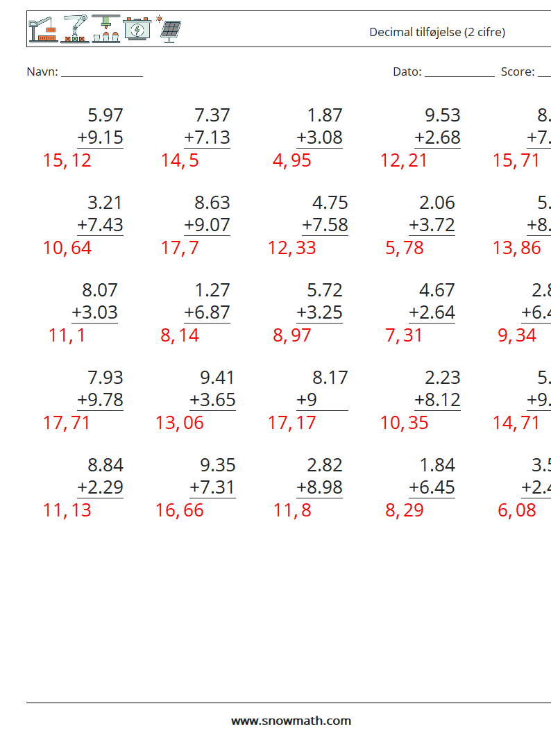 (25) Decimal tilføjelse (2 cifre) Matematiske regneark 15 Spørgsmål, svar