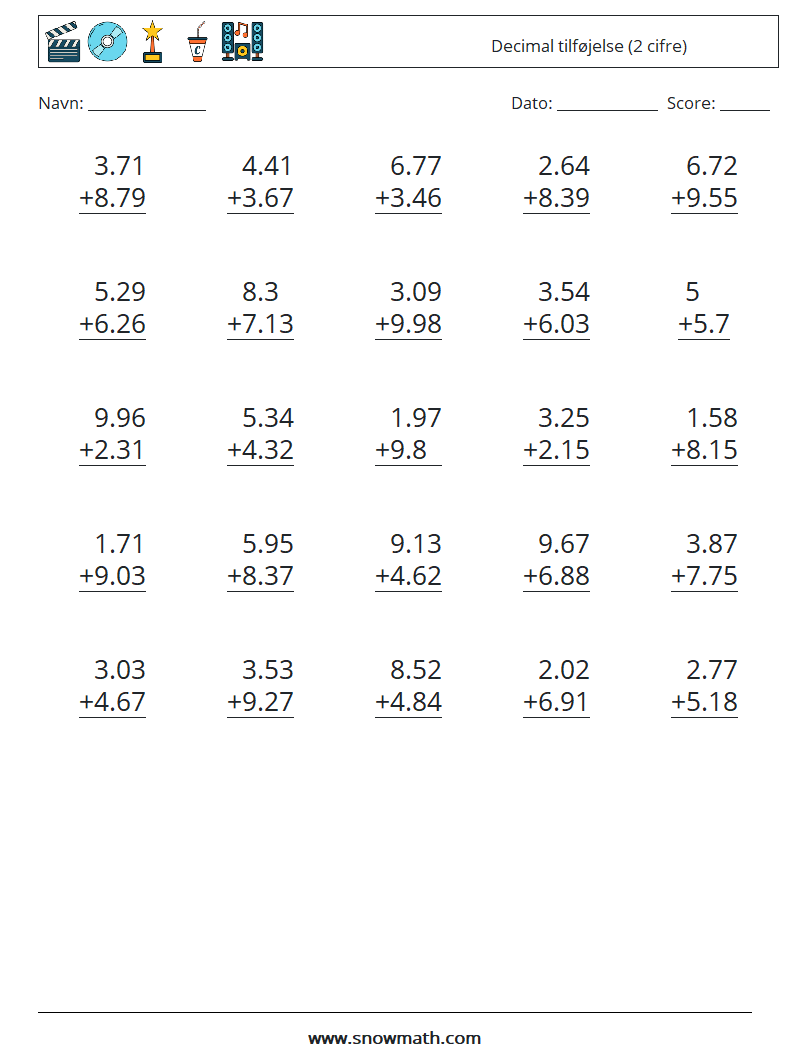 (25) Decimal tilføjelse (2 cifre) Matematiske regneark 16