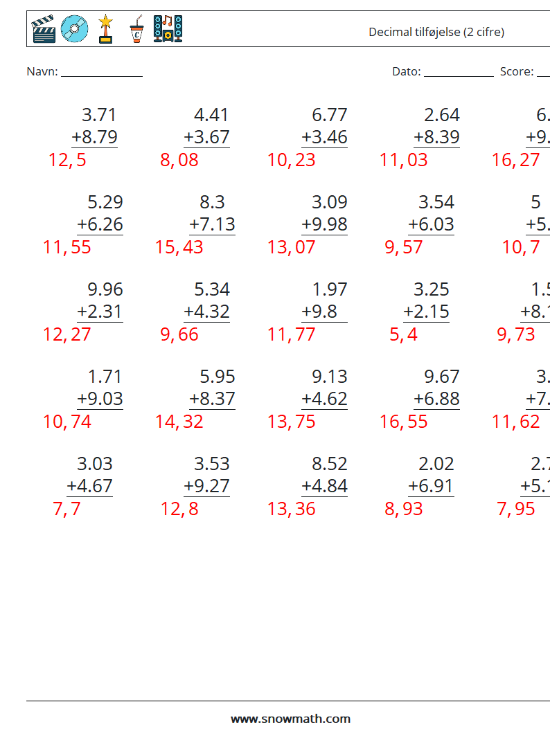 (25) Decimal tilføjelse (2 cifre) Matematiske regneark 16 Spørgsmål, svar