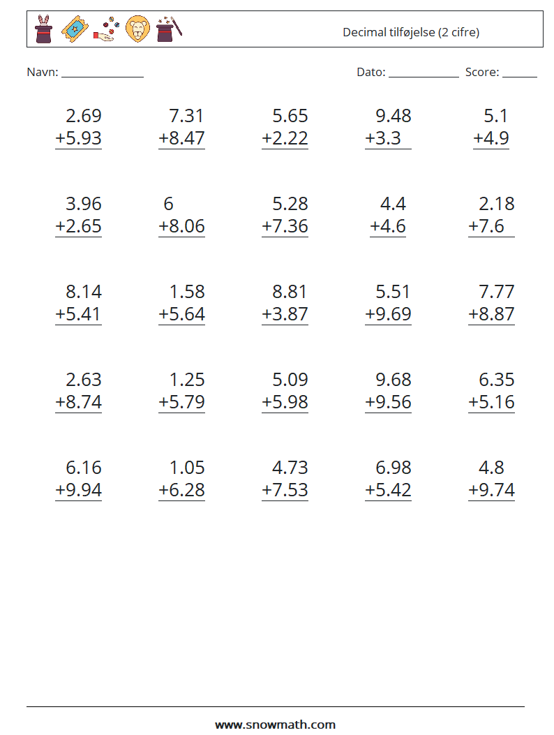 (25) Decimal tilføjelse (2 cifre) Matematiske regneark 17