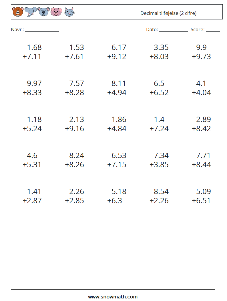 (25) Decimal tilføjelse (2 cifre) Matematiske regneark 18