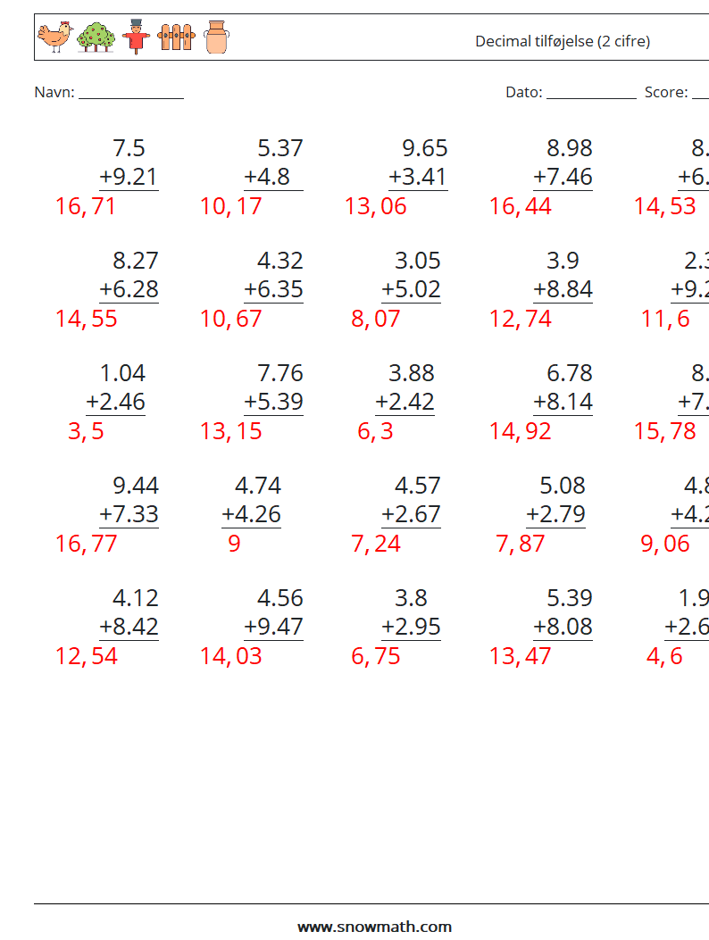 (25) Decimal tilføjelse (2 cifre) Matematiske regneark 1 Spørgsmål, svar