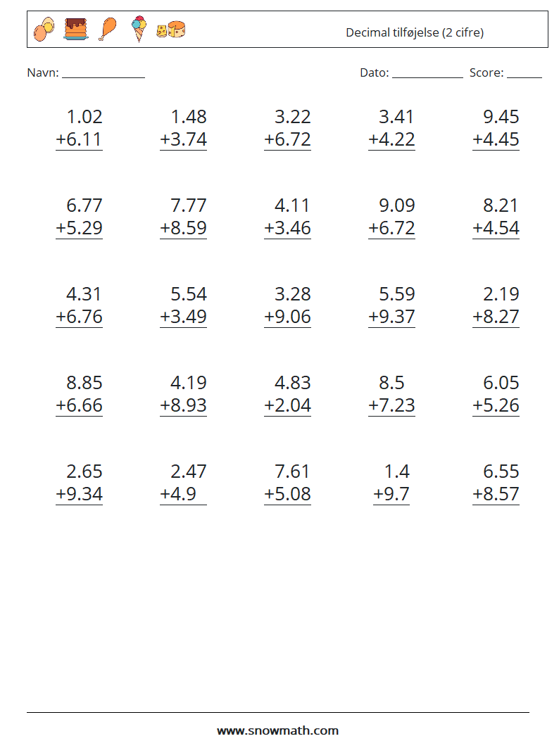 (25) Decimal tilføjelse (2 cifre) Matematiske regneark 2