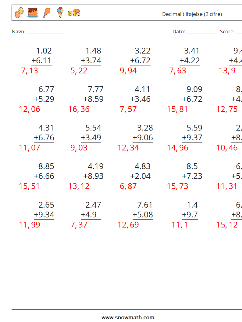 (25) Decimal tilføjelse (2 cifre) Matematiske regneark 2 Spørgsmål, svar