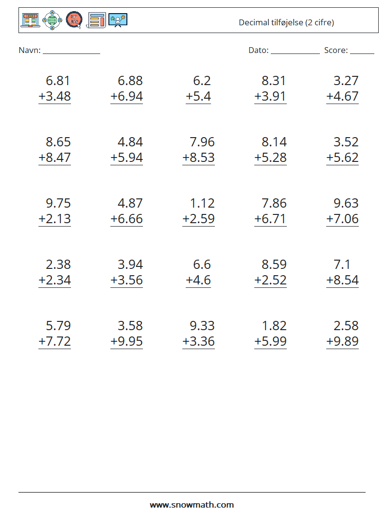 (25) Decimal tilføjelse (2 cifre) Matematiske regneark 3