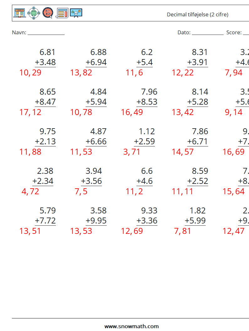 (25) Decimal tilføjelse (2 cifre) Matematiske regneark 3 Spørgsmål, svar