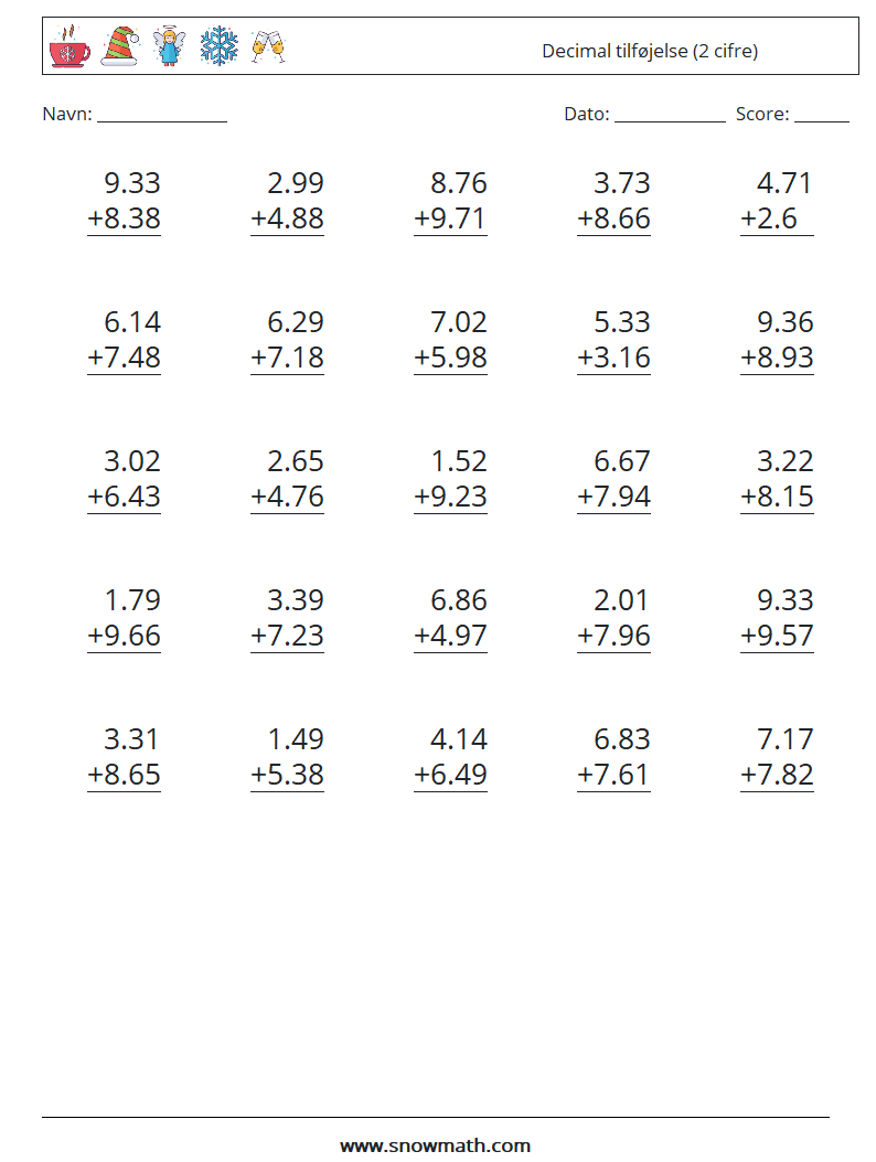 (25) Decimal tilføjelse (2 cifre) Matematiske regneark 4