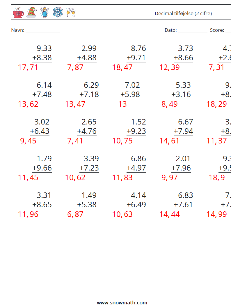 (25) Decimal tilføjelse (2 cifre) Matematiske regneark 4 Spørgsmål, svar