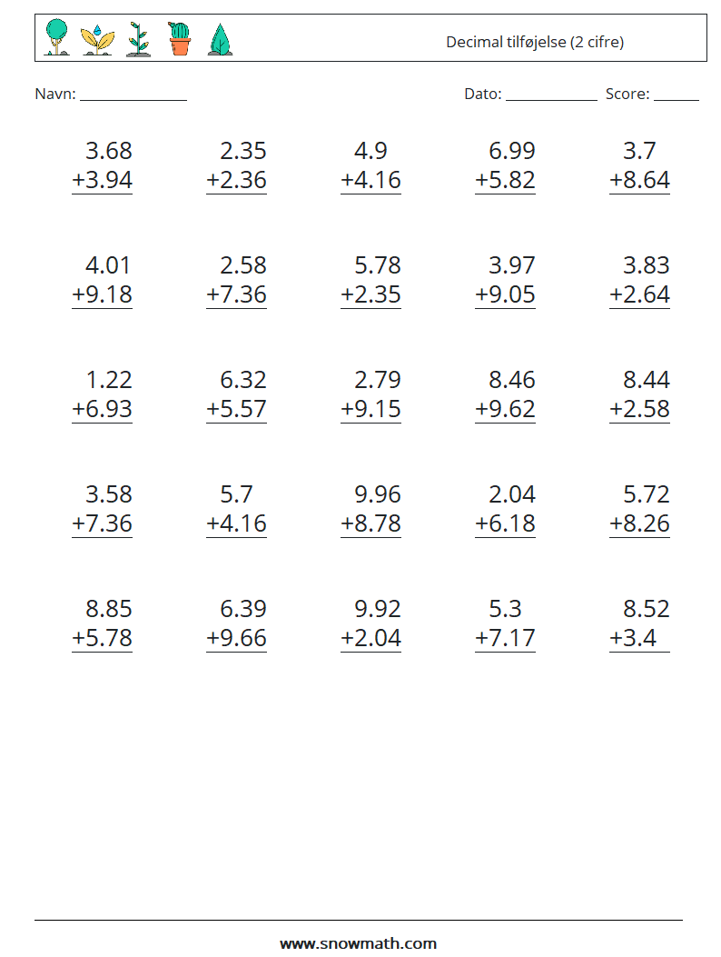 (25) Decimal tilføjelse (2 cifre) Matematiske regneark 5