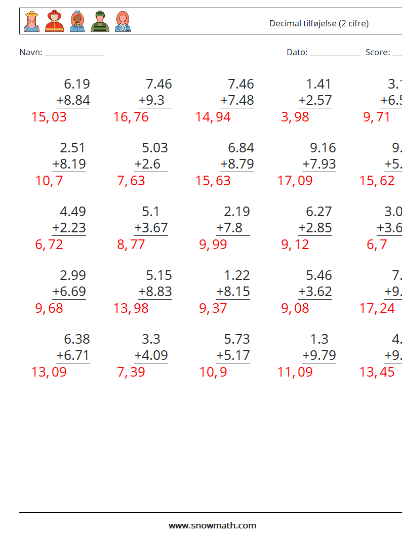 (25) Decimal tilføjelse (2 cifre) Matematiske regneark 6 Spørgsmål, svar