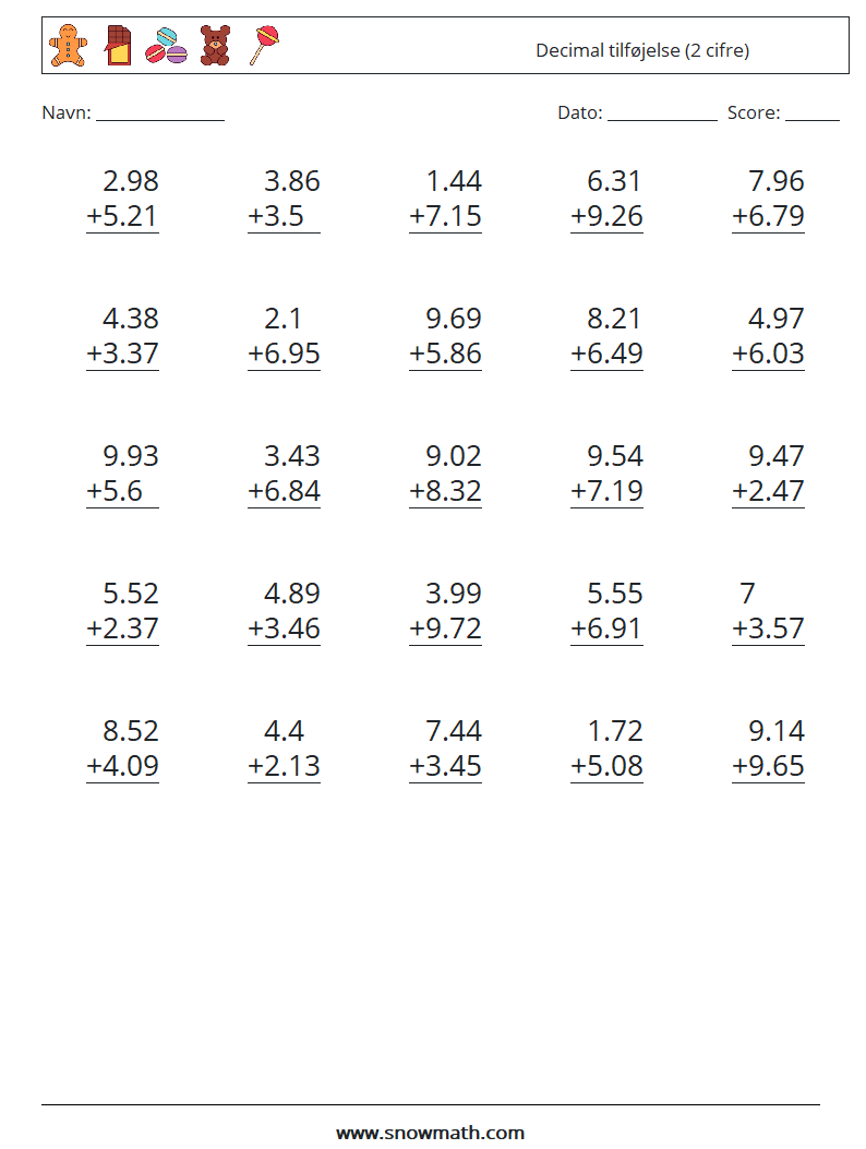 (25) Decimal tilføjelse (2 cifre) Matematiske regneark 7