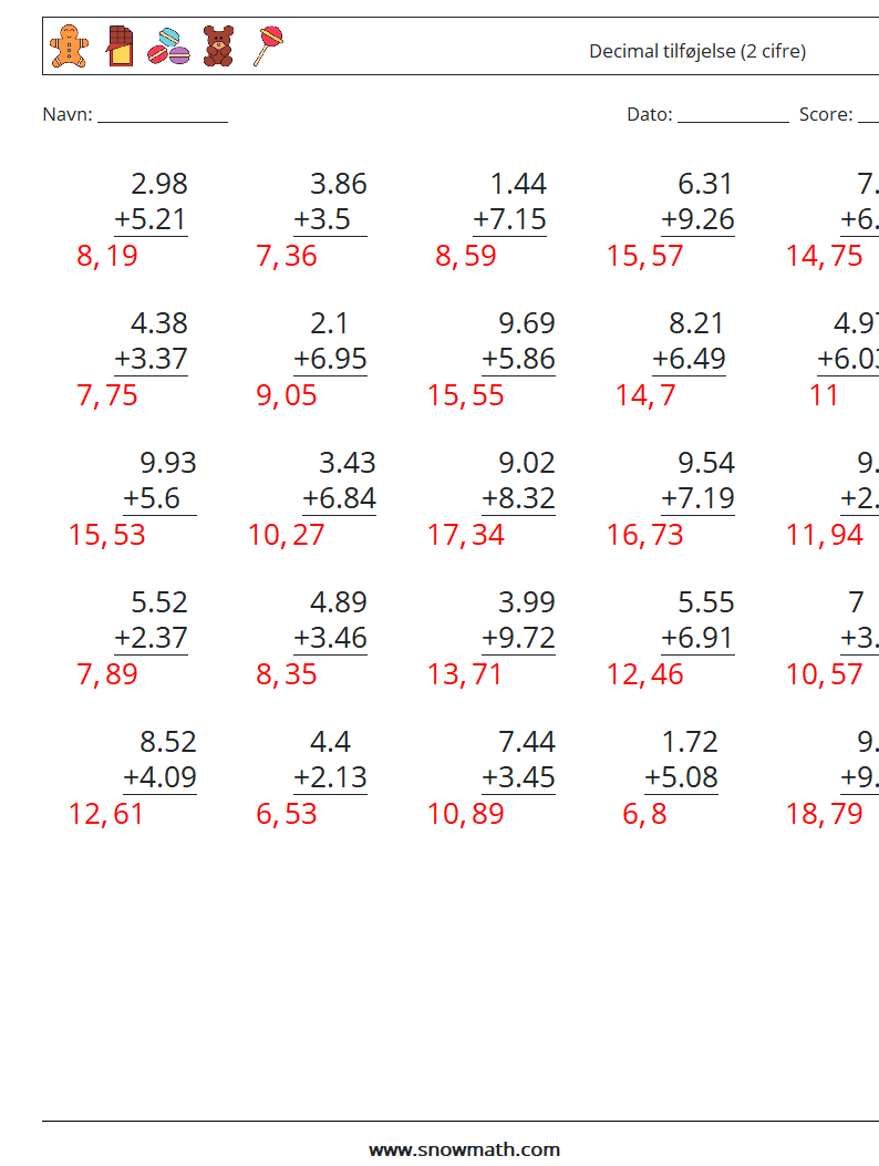 (25) Decimal tilføjelse (2 cifre) Matematiske regneark 7 Spørgsmål, svar