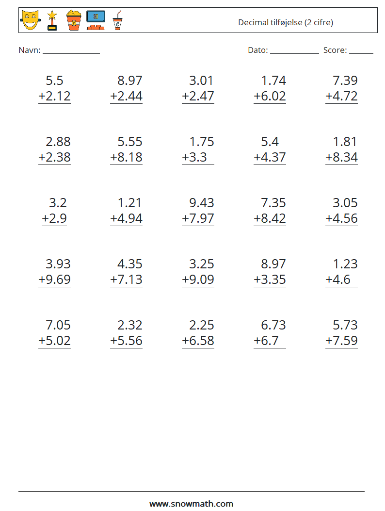 (25) Decimal tilføjelse (2 cifre) Matematiske regneark 8